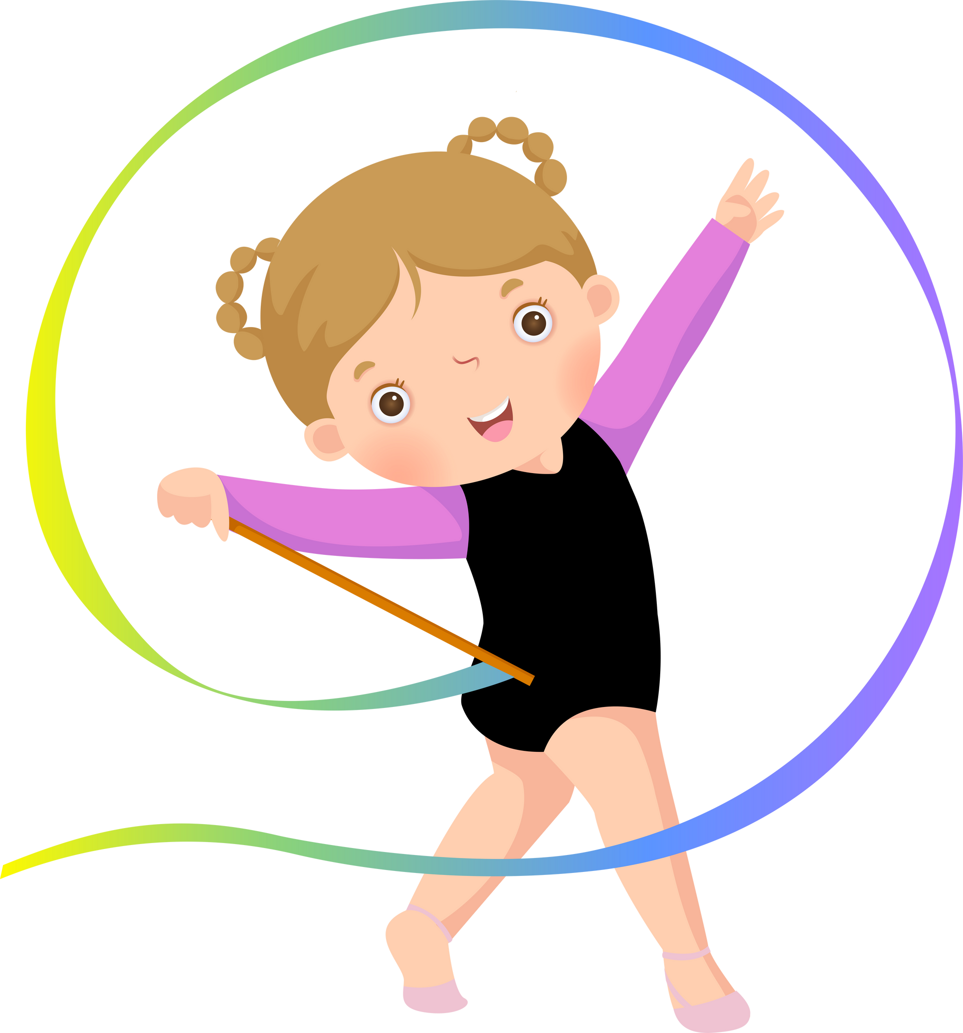 Cartoon little girl gymnast posing with ribbon.
